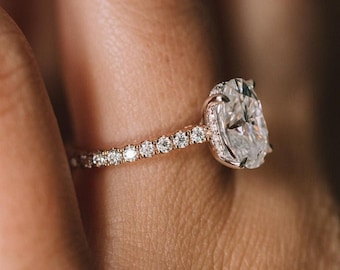 Oval Moissanite Sterling Silver Engagement Ring: Hidden Halo Accent