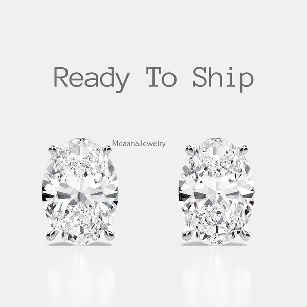 Ready to Ship Lab-Grown Diamond Earrings, Oval Cut Diamond 14K White Gold Stud Earring, 0.5 CTW to 4 CTW Diamond Screwback Earring For Her