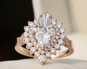 Starburst ring heart moissanite Engagement Ring Vintage Art deco Moissanite Ring Gold Engagement Ring Sunburst Gatsby Ring