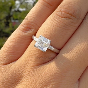 Asscher Cut Moissanite Three Stone Ring, 10K Solid White Gold Trinity Engagement Ring, Past Present Future Ring, Women Diamond Ring For Her