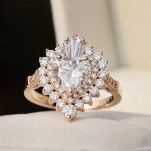 Heart Cut Moissanite Art Deco Ring, 18K Solid Rose Gold Double Halo Ring, Solitaire With Accent Cathedral Ring, Engagement Ring For Her