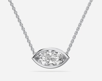 East West Lab Grown Diamond Pendant, 14K White Gold Bezel Necklace
