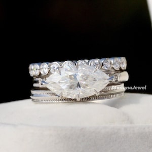 Marquise Moissanite Bridal Ring Set: Sterling Silver Eternity Band