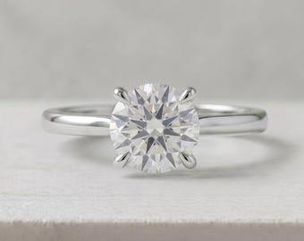 Anello di fidanzamento solitario con diamante sintetico rotondo da 2 carati, in oro bianco 14 carati, certificato IGI.