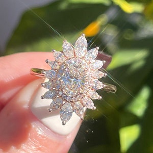 Oval Moissanite Double Halo Engagement Ring: Sterling Silver Starburst Cluster