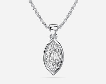 Marquise-Cut Lab Diamond Pendant, 14K White Gold Bezel Necklace