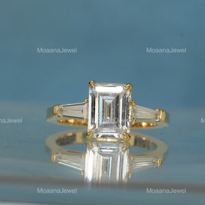 Emerald Cut Moissanite Three Stone Ring, 18K Solid Yellow Gold Engagement Ring, Two Side Tapered Baguettes Diamond Ring, Claw Prong Ring
