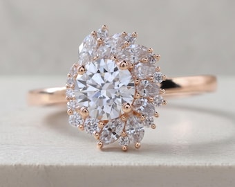 Anel de Noivado em Ouro Rosa 14K com Diamante Redondo Cultivado em Laboratório e Halo Floral, Certificado pelo IGI