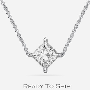 14K Solid White Gold Pendant, Ready to Ship! Princess-Cut Lab Grown Diamond Necklace, Prong Setting Pendant, Chain Included, Gift For Her