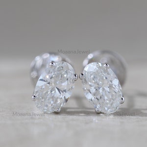 Oval-Cut Lab Grown Diamond Solitaire Earrings, 14K Solid White Gold Stud Earring, Screw Back Earring, 0.60 CTW To 4.00 CTW Diamond Earrings