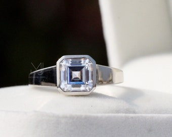 3Ct Asscher Moissanite Bezel Set Diamond Engagement Ring, Moissanite Solitaire Wedding Ring, 14k Solid Yellow Gold Diamond Promise Ring.