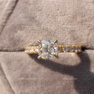 Cushion Cut Moissanite Hidden Halo Ring, 14K Solid Yellow Gold Solitaire With Accent Ring, Three Side Diamond Ring, Unique Women Ring