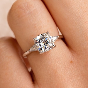 Cushion Cut Moissanite Three Stone Ring, 925 Sterling Silver Trinity Ring, Engagement Ring, Past Present Future Ring, Women Diamond Ring
