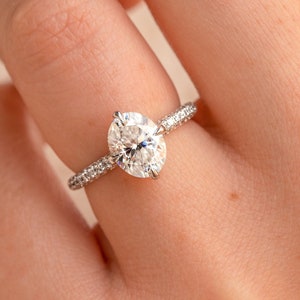 Oval Cut Moissanite Compass Prong Solitaire With Accent Ring, 925 Sterling Silver Three-Side Stone Ring, Hidden Halo Ring, Proposal Ring