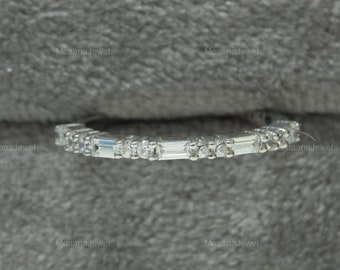 Baguette And Round Cut Colorless Moissanite Wedding Band, Half Eternity Band In 925 Silver Band, Stackable Band, Wedding Anniversary Gifts