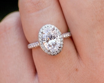 Oval Moissanite Halo Ring: Sterling Silver Solitaire Wedding Ring