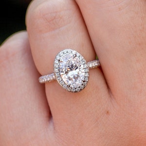 Oval Moissanite Halo Ring: Sterling Silver Solitaire Wedding Ring
