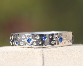 Blue Sapphire Round Cut Moissanite Celestial Band, 925 Sterling Silver Stars Engraved Band, Starburst Wide Band, Statement Band Gift For Her