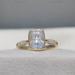 Elongated Cushion Cut Moissanite Full Bezel Engagement Ring, 18K Solid Yellow Gold Solitaire With Accent Ring, Proposal Ring, Gift For Women