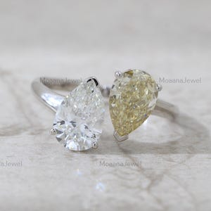 Champagne Yellow Pear Cut Lab Grown Diamond Toi Et Moi Ring, 10K Solid White Gold Two Diamond Ring, Certified Jewelry Wedding Ring For Women