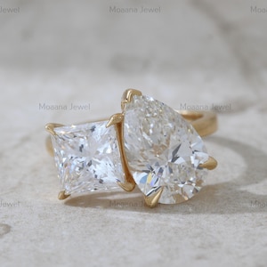 Pear & Princess Cut Lab Created Diamond Toi Et Moi Ring, 10K Solid Yellow Gold IGI Certified Engagement Ring, Two Stone Ring, Gift For Women