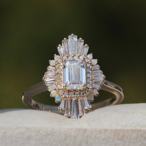 Emerald Cut Moissanite Art Deco Ring: 14K Yellow Gold Starburst Halo