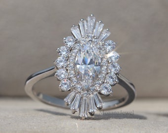 Marquise Moissanite Halo Ring, Art Deco Sterling Silver Promise Ring