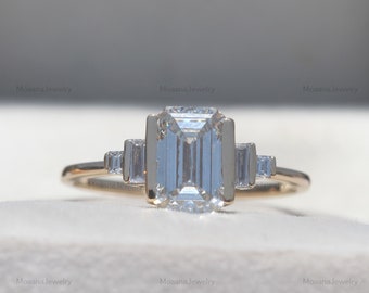Emerald Cut Moissanite Five Stone Ring, 18K Yellow Gold Semi Bezel Engagement