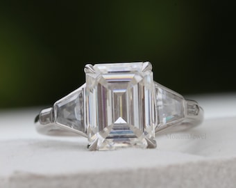 Emerald Cut Moissanite Five Stone Ring, 14K Solid White Gold Ring, Side Stone Bullet Cut, And Trapezoid Cut Unique Engagement Ring For Women