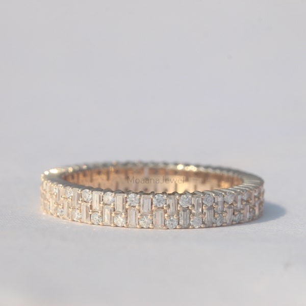 Moissanit Baguette & Runde Eternity Band 14K Gelbgold Stapelring