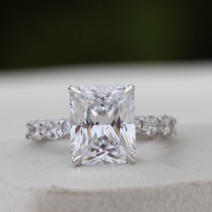 Radiant Cut Moissanite Four Claw Prong Engagement Ring, 925 Sterling Silver Double Hidden Halo Ring, Three Side Unique Diamond Wedding Ring