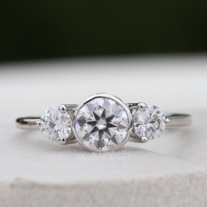 Round Cut Moissanite Three Stone Ring, 10K Solid White Gold Hidden Halo Engagement Ring, Past Present Future Ring, Full Bezel Ring For Her