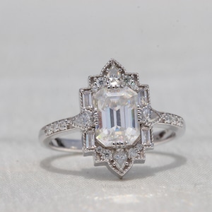 Emerald Cut Moissanite Art Deco Ring: Sterling Silver Engagement Ring