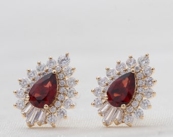 Red Garnet Pear Cut Moissanite Halo Art Deco Earrings, 14K Solid Yellow Gold Stud Earrings, Screw Back Earrings, Wedding Earrings For Her