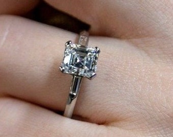 Asscher Cut Solitaire Moissanite Diamond In 10K Solid White Gold Engagement Ring For Her