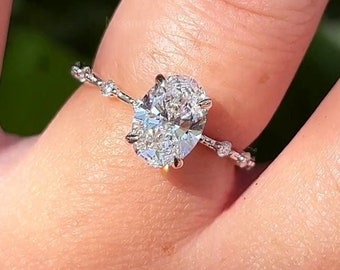 Oval Cut Moissanite Solitaire With Accent Ring, 14K Solid White Gold Hidden Halo Ring, Wedding Diamond Ring, Anniversary Gift For Her Ring