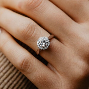 Round Cut Moissanite Halo Ring, 14K Solid Yellow Gold Two Tone Ring For Her, Engagement Ring, Promise Ring For Women, Gift For Mother