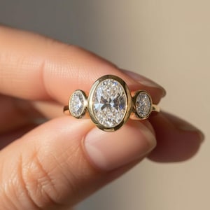May include: A gold ring with three clear, oval gemstones. The central stone is larger, with two smaller stones on either side. The ring has a simple design, with the stones set in a bezel setting.