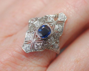 Blue Sapphire Cushion Cut Moissanite Art Deco Ring, 10K Solid White Gold Vintage Ring, Unique Dome Style Ring, Anniversary Gift For Women