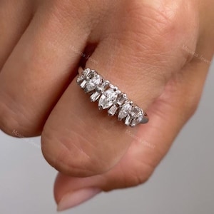Marquise & Baguette Cut Moissanite Art Deco Band, 10K Solid White Gold Wedding Band,  Stacking Band, Matching Band, Anniversary Gift For Her