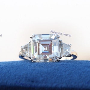 Asscher Cut Moissanite Three Stone Ring, 925 Sterling Silver Double Prong Ring, Wedding Ring, Past Present Future Ring, Women Diamond Ring