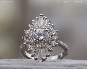 Round Cut Moissanite Halo Starburst Engagement Ring, Art Deco 18k Solid White Gold Unique Eternity Pave Wedding Ring, Anniversary Gift