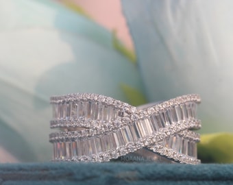 Moissanite Crossover Band: Sterling Silver Criss Cross Ring