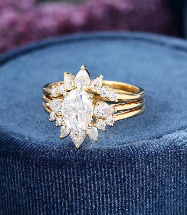 Oval Moissanite engagement ring set Rose gold engagement ring vintage Pear shaped wedding Silver Bridal anniversary gift for Valentine