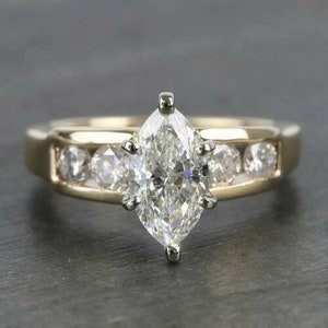 1930's Marquise Diamond Art Deco Ring in 10K Solid Gold Engagement Ring with Channel Set Round Diamonds