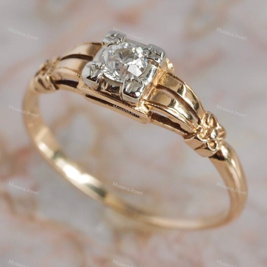 Art Deco Style Solitaire Ring, 14K Gold, Round CZ Diamond, 1940s Style ...