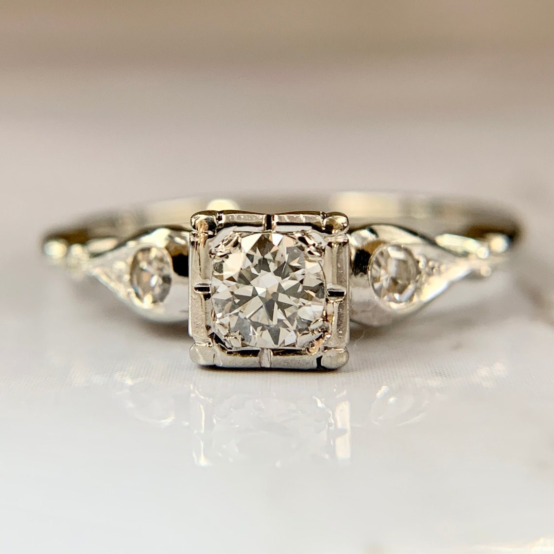 Artdeco Round Moissanite Solitaire With Accent Stones 10K - Etsy