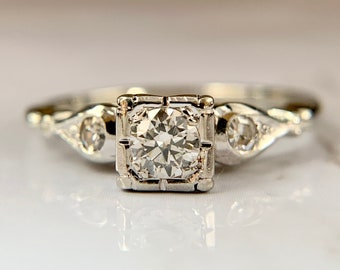 Moissanite Three Stone Ring: 10K Yellow Gold Antique Engagement Ring