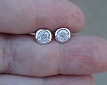 Moissanite Stud Earrings: Round Cut Bezel Set, Gold or Silver