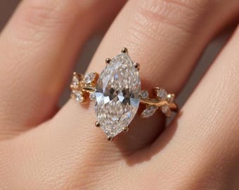 Marquise Cut Lab Grown Diamond Engagement Ring, 14K Rose Gold Nature Inspired Leaf Vine Ring